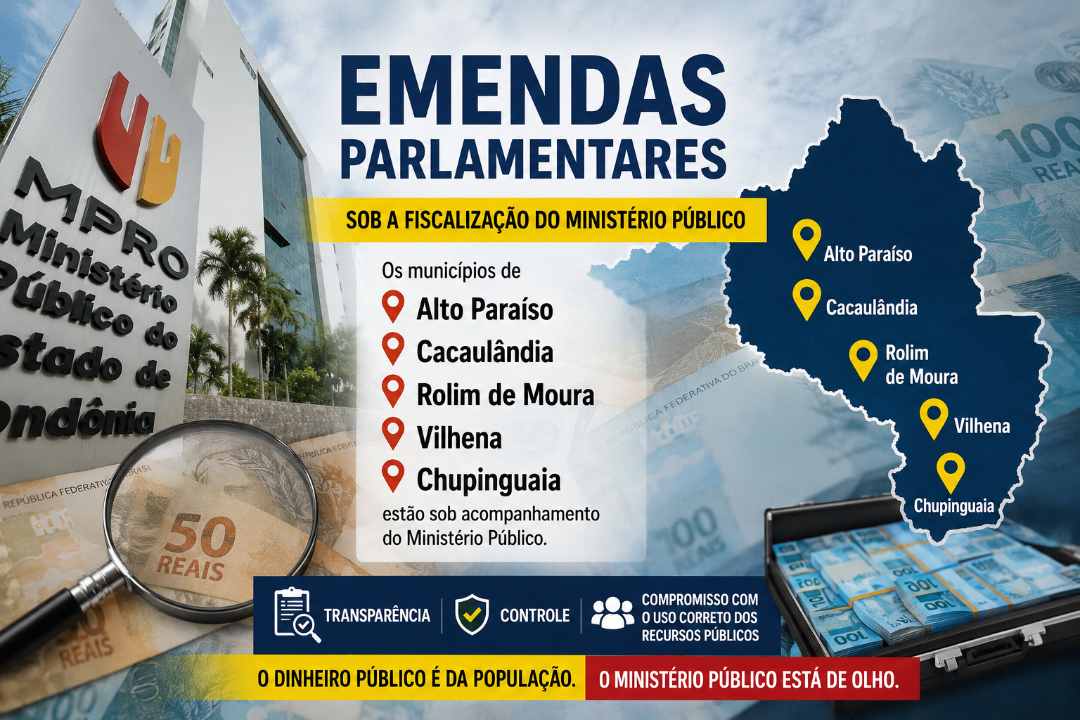 Emendas parlamentares entram na mira do MP/RO em Alto Paraíso, Cacaulândia, Rolim de Moura, Vilhena e Chupinguaia