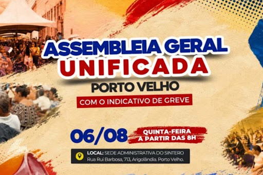 SINDEPROF, SIMPROF E SINTERO convocam os servidores e servidoras da educação municipal para participarem da Assembleia Geral Unificada