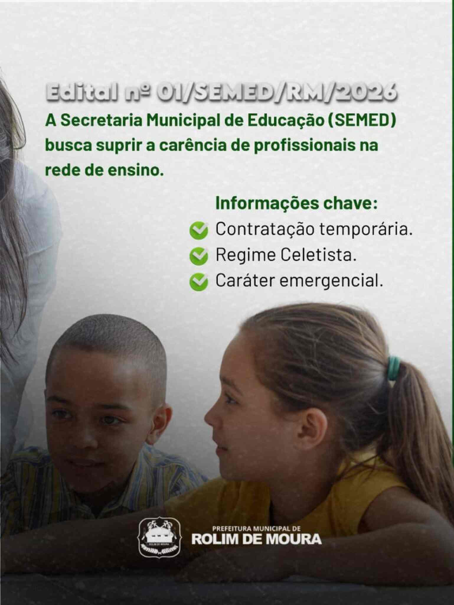 Prefeitura de Rolim de Moura – RO abre 50 vagas para nível médio na educação