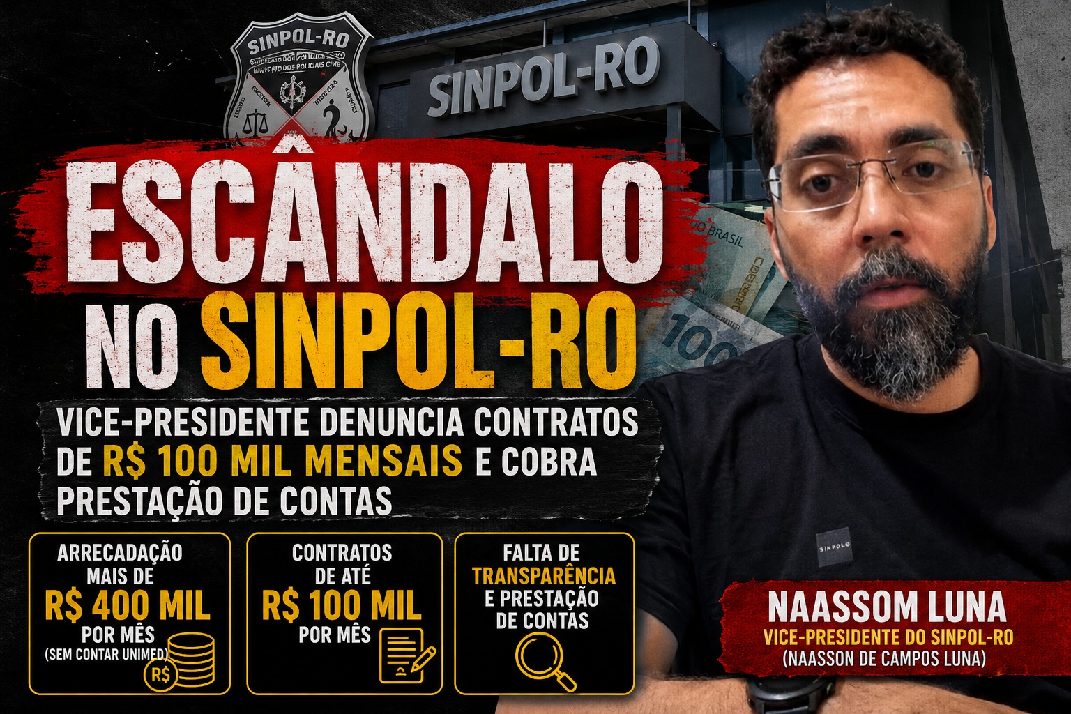 Escândalo no SINPOL-RO: vice-presidente denuncia contratos de R$ 100 mil mensais e cobra prestação de contas